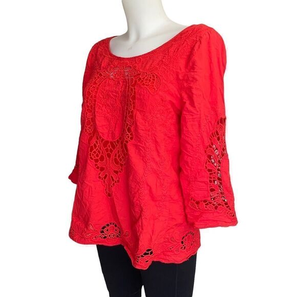 ANTHROPOLOGIE | SKIES ARE BLUE red orange embroidered blouse w/ inner tank sz M - Picture 3 of 9